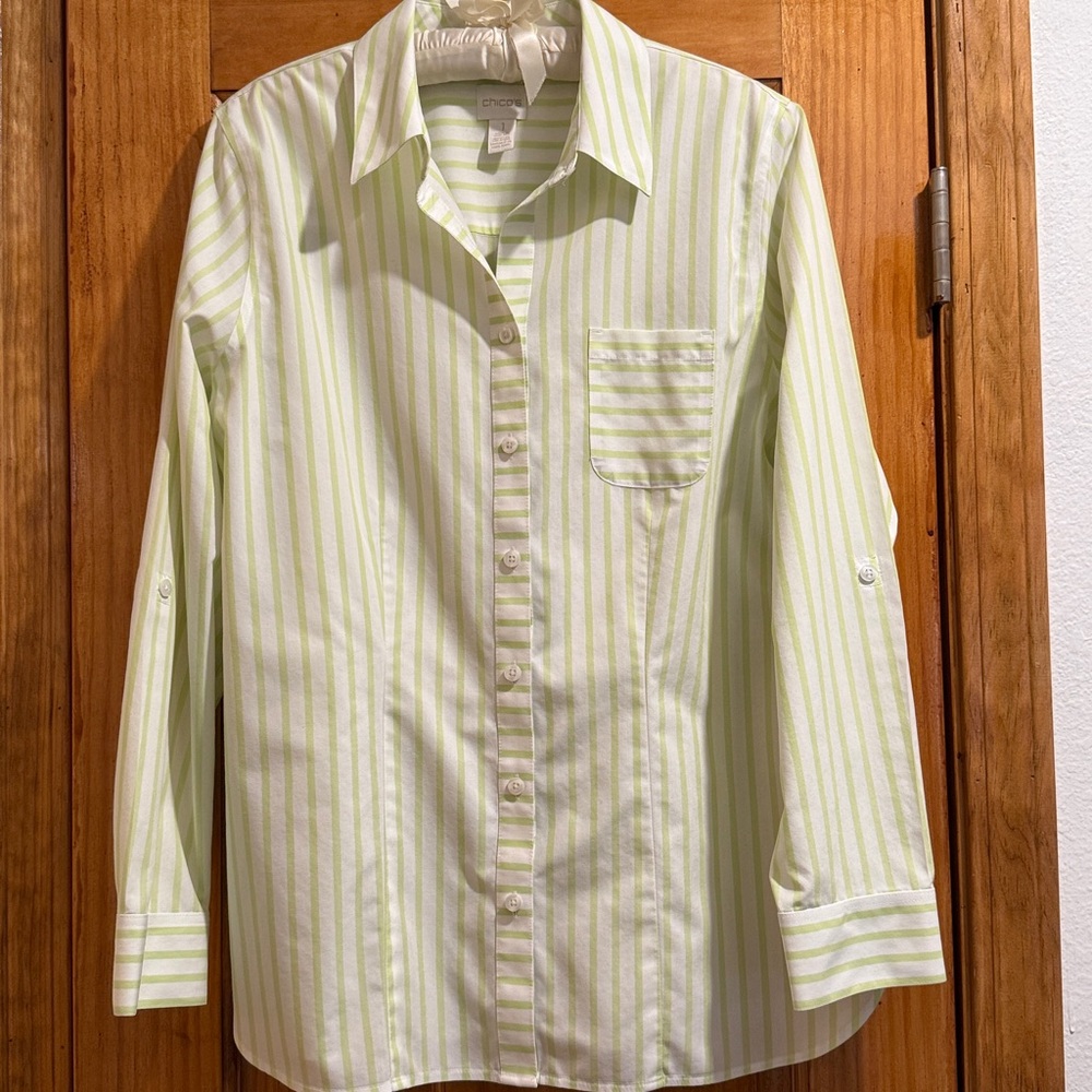 Chico's Light Green Striped Button Down Shirt